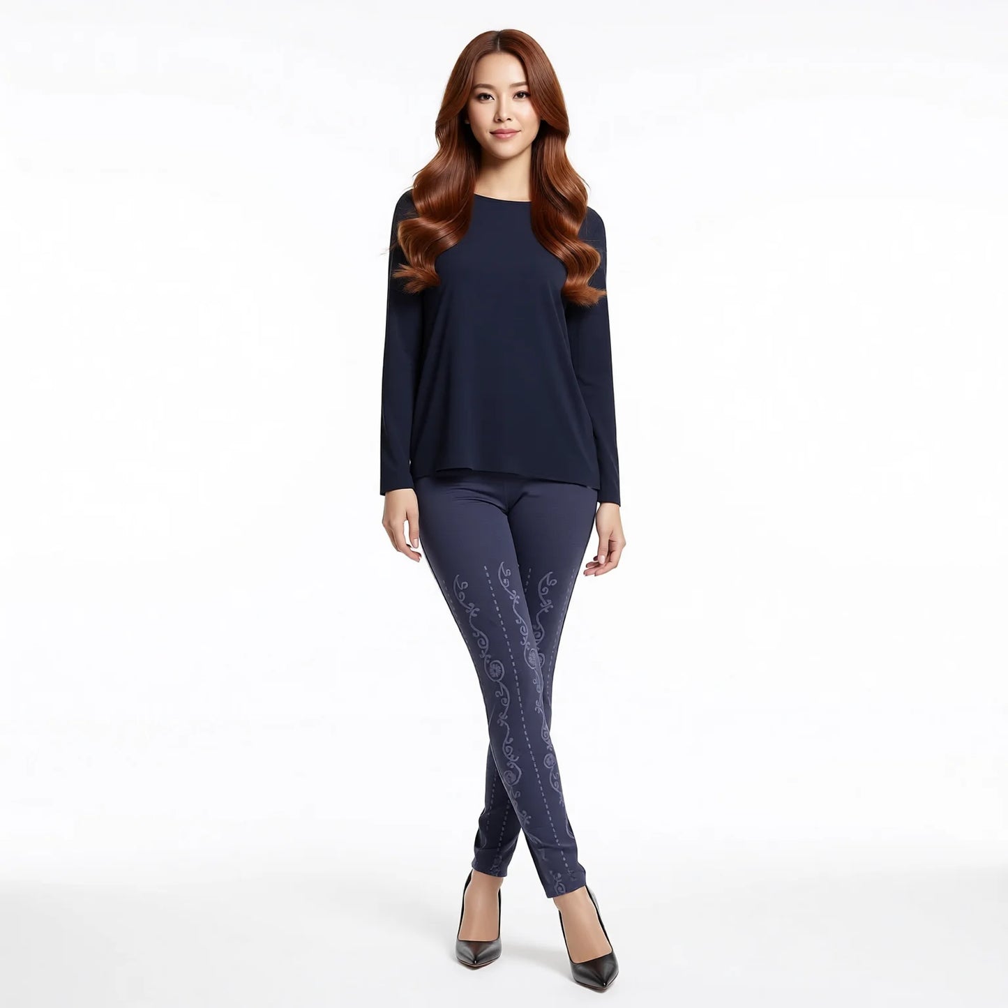 Deep Navy Floral Patterned Sheer Tights - Slimming & Anti-Run Pantyhose