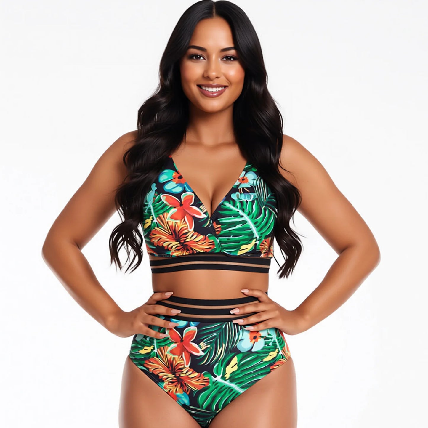 Plus Size High Waisted Leaf Print Bikini Set - Tropical Two Piece Swimwear