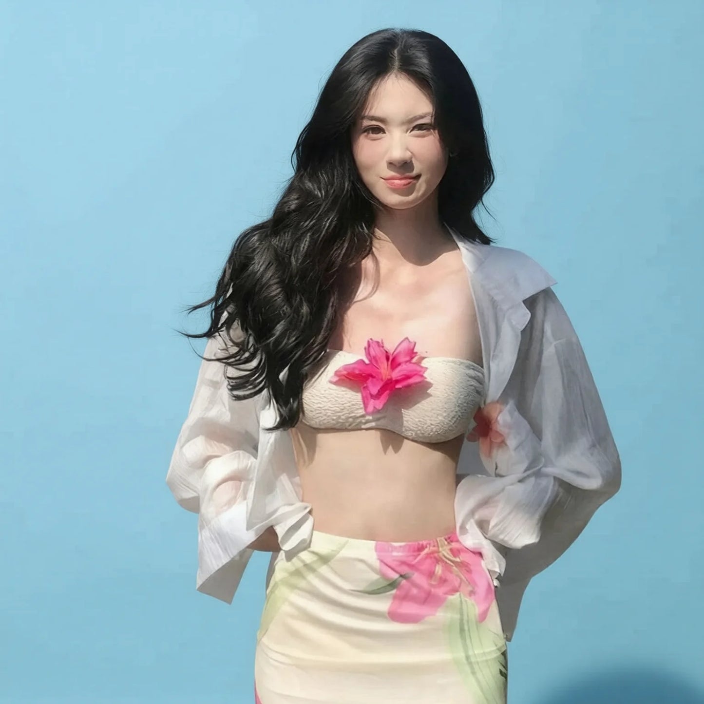 Floral flower print bikini set with long skirt