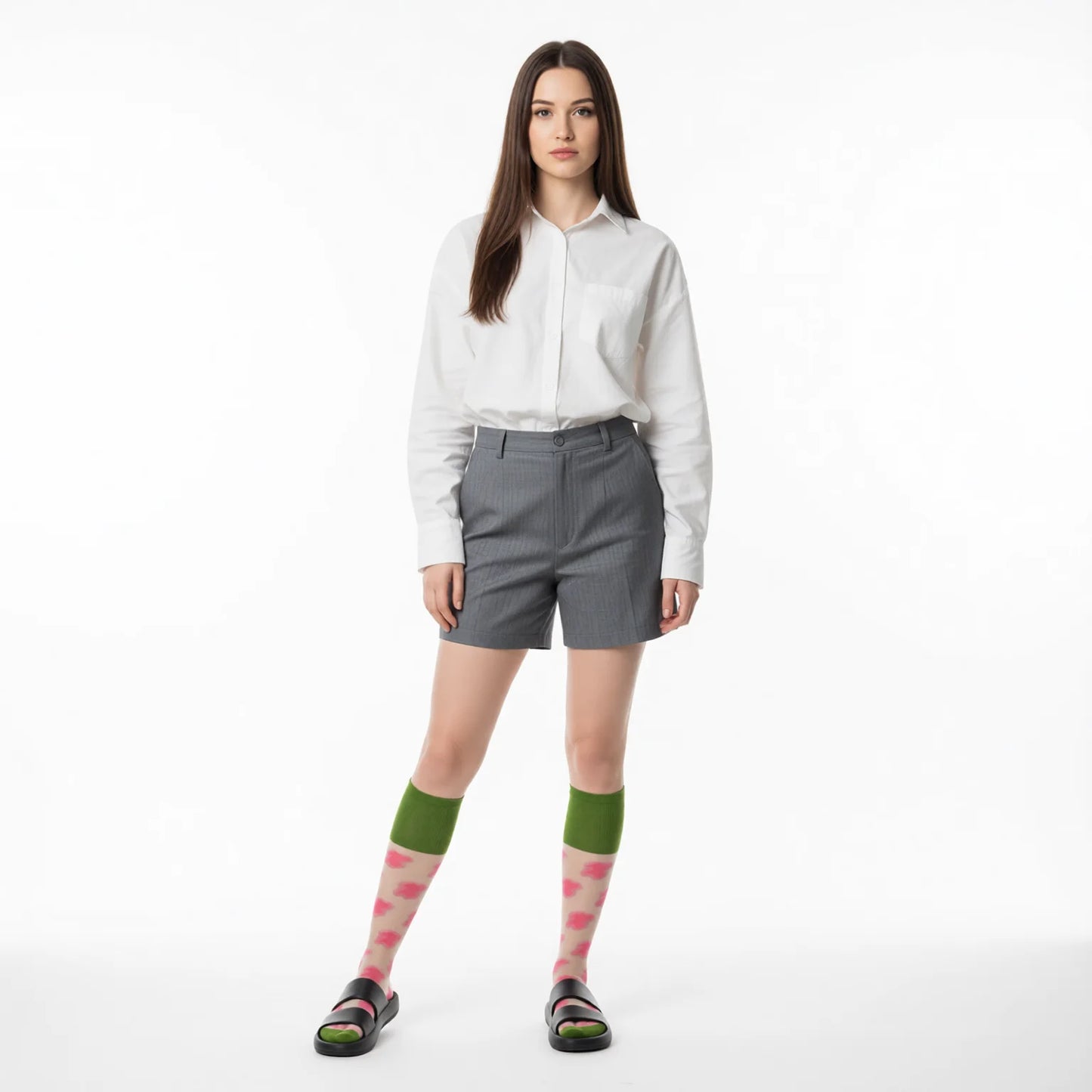 Floral Sheer Knee High Socks for Women - Navy & Pink Lace Cotton