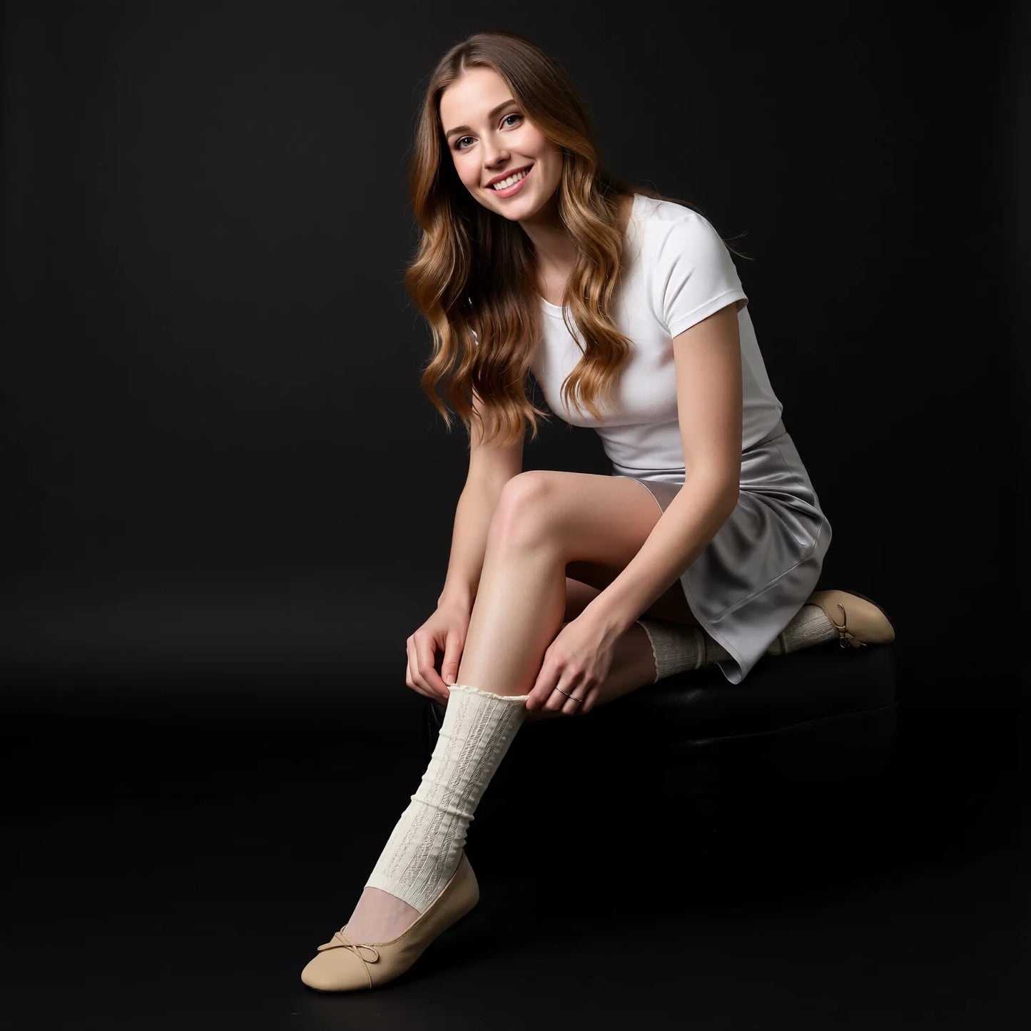 Lace Frill Leg Warmers Ballet Style Scrunch Socks Cream White Black