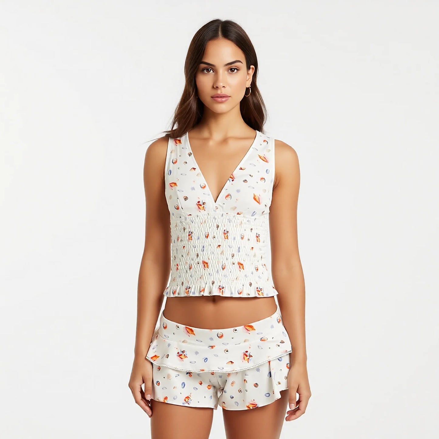 Floral V-neck sleeveless bikini set for beach vacations