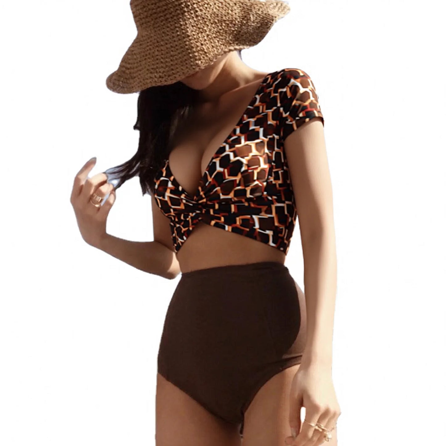 High-waisted retro two-piece bikini with short sleeves, ruched detailing & tummy control