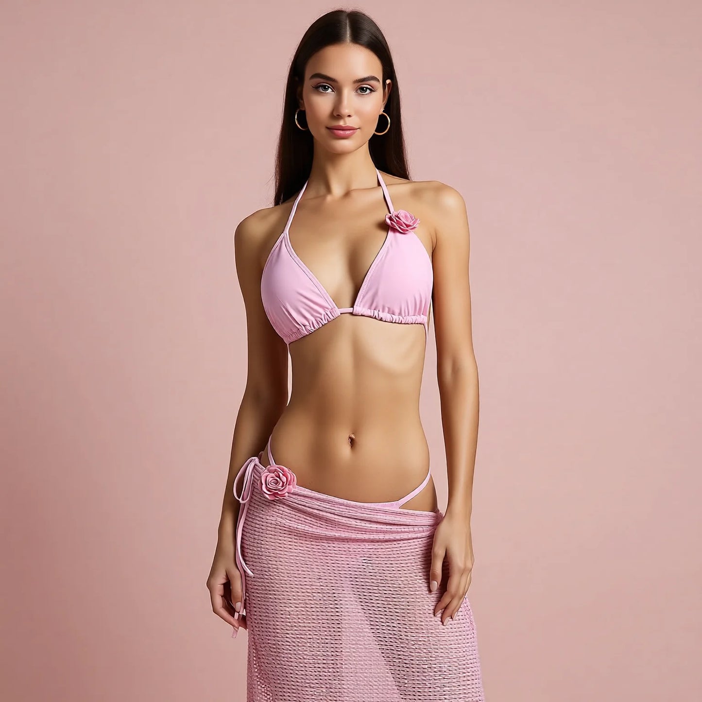 Pure Desire Knitted 4 Piece Swimsuit Set Pink Long Sleeve Cover Up Beach Resort Cover Up