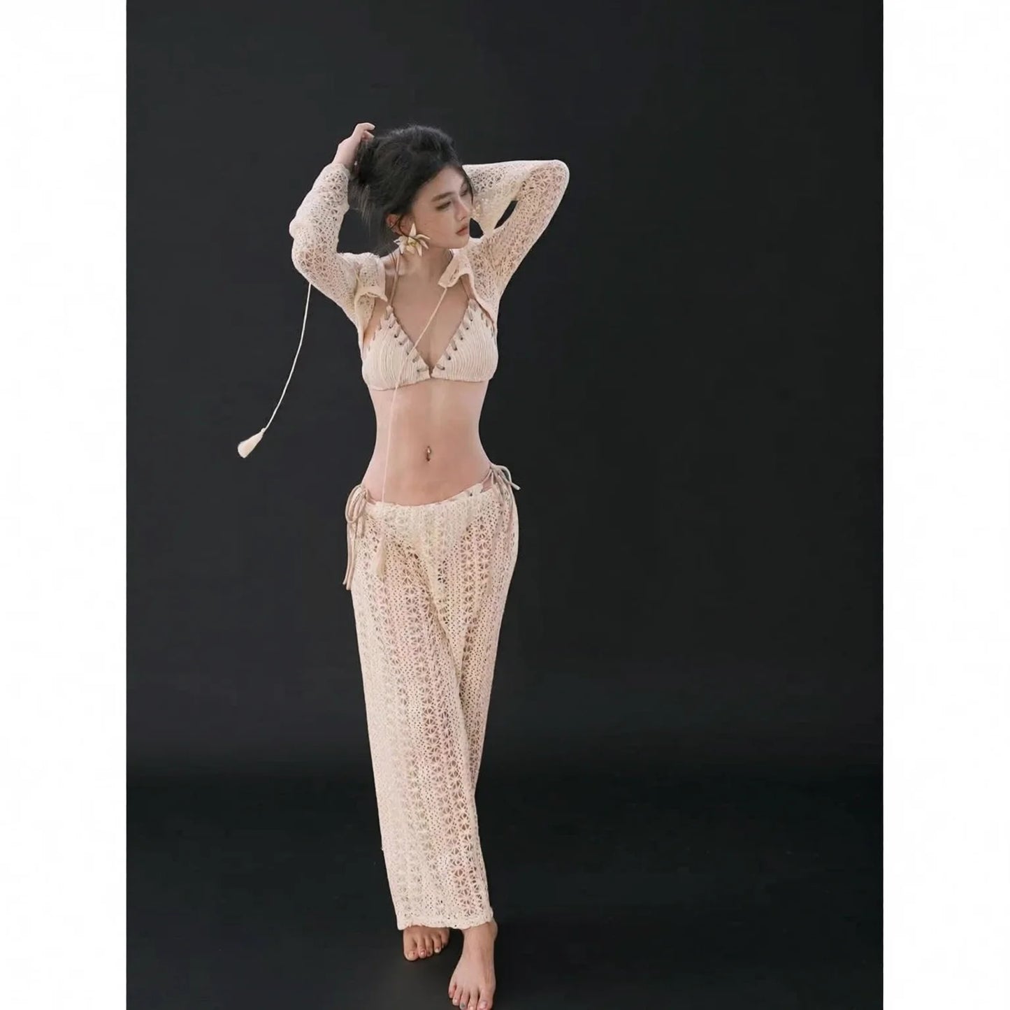 Beige Bikini Set with Crochet Cover-Up and Matching Pants