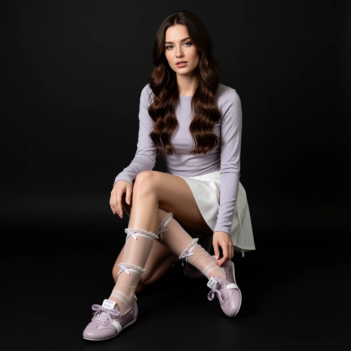Sheer Lace Ruffle Bow Knee High Socks - White Mesh Ballet Style