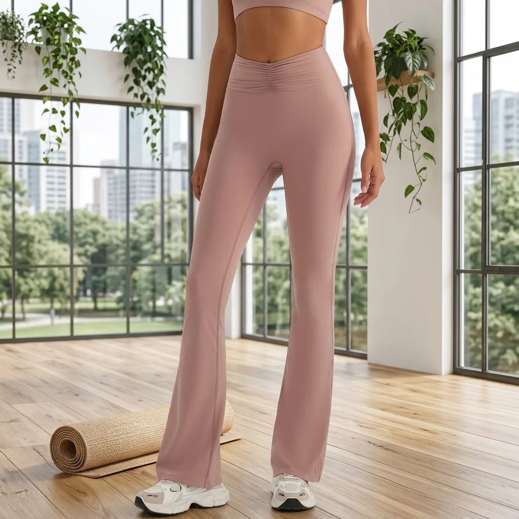 High-Waist Ruched Micro-Flare Yoga Pants Bare-Feel Nylon Spandex
