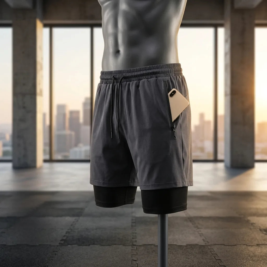 Men's Polyester Fake Two-Piece Compression Running Shorts