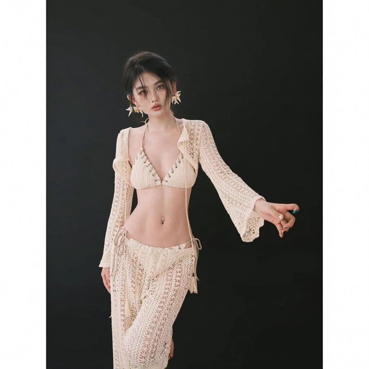 Beige Bikini Set with Crochet Cover-Up and Matching Pants