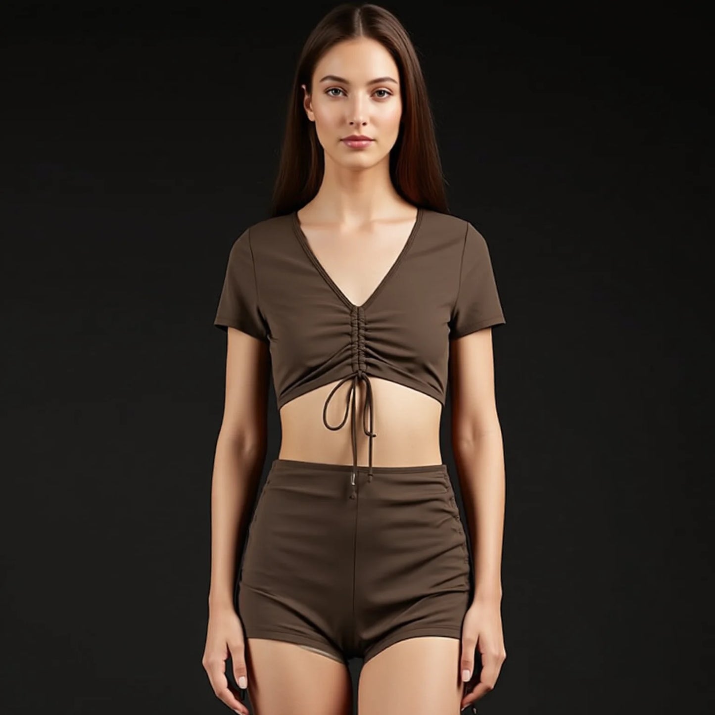 V-Neck Short Sleeve Drawstring Bikini Set