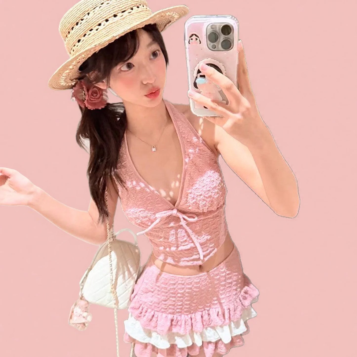Pink Halter Neck Two-Piece Bikini with Ruffle Egg-Cake Skirt and Slimming Belly Coverage