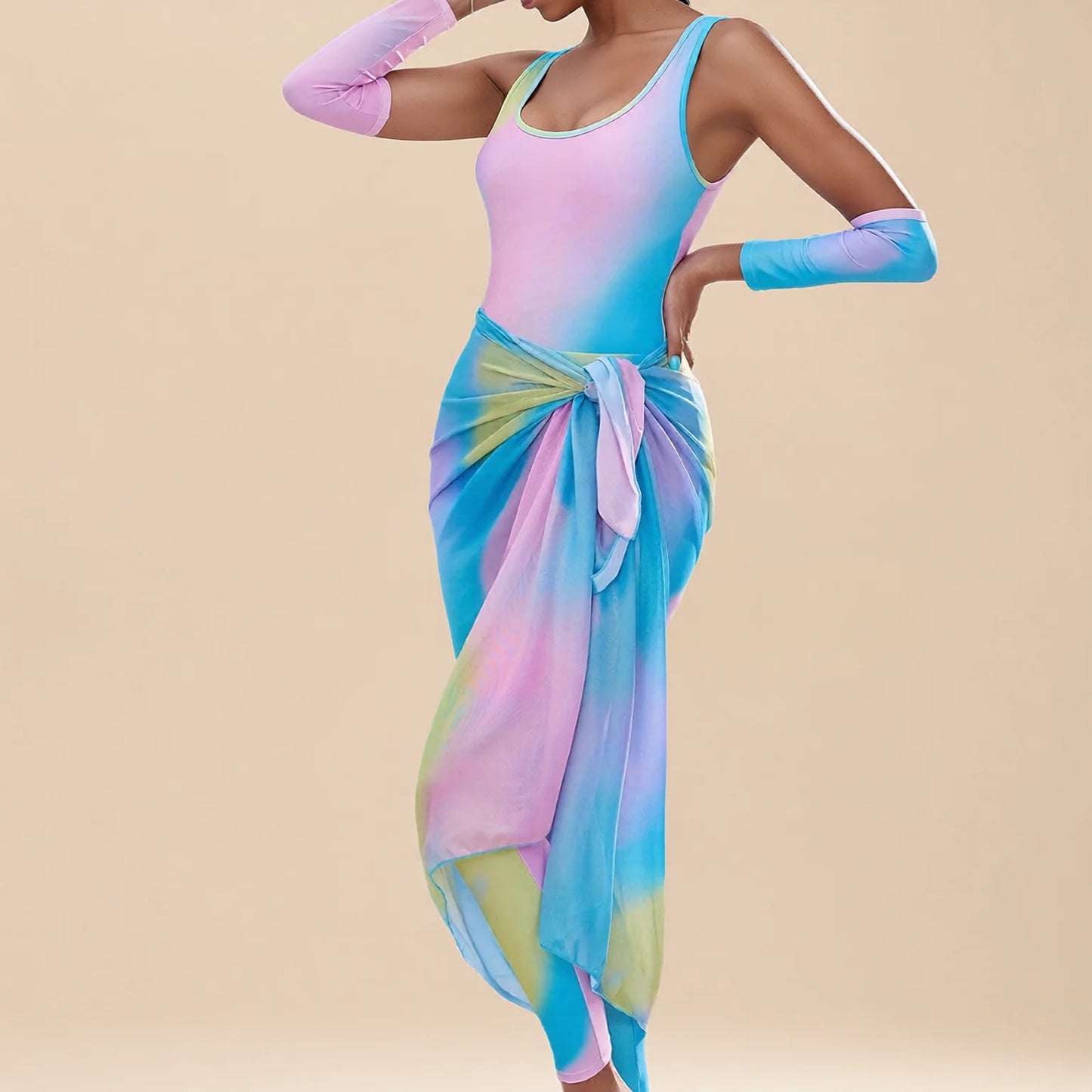 rainbow print long sleeve modest swim dress set with headscarf