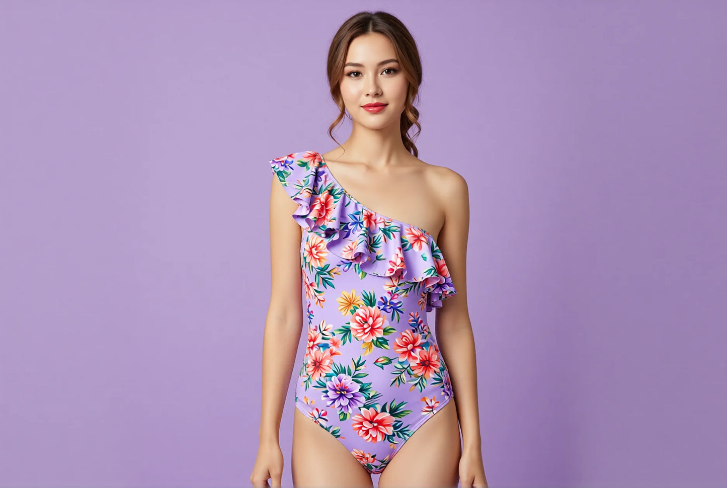 floral ruffle one-shoulder swimsuit