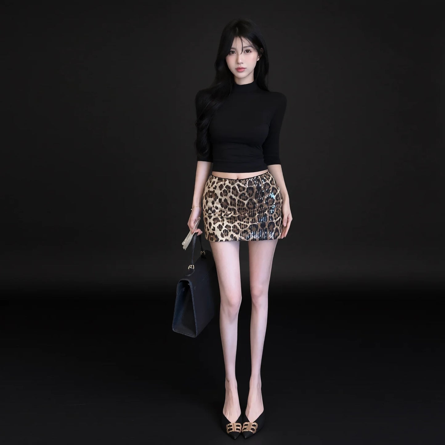 Leopard Print Mini Skirt and Black High-Neck T-Shirt Set