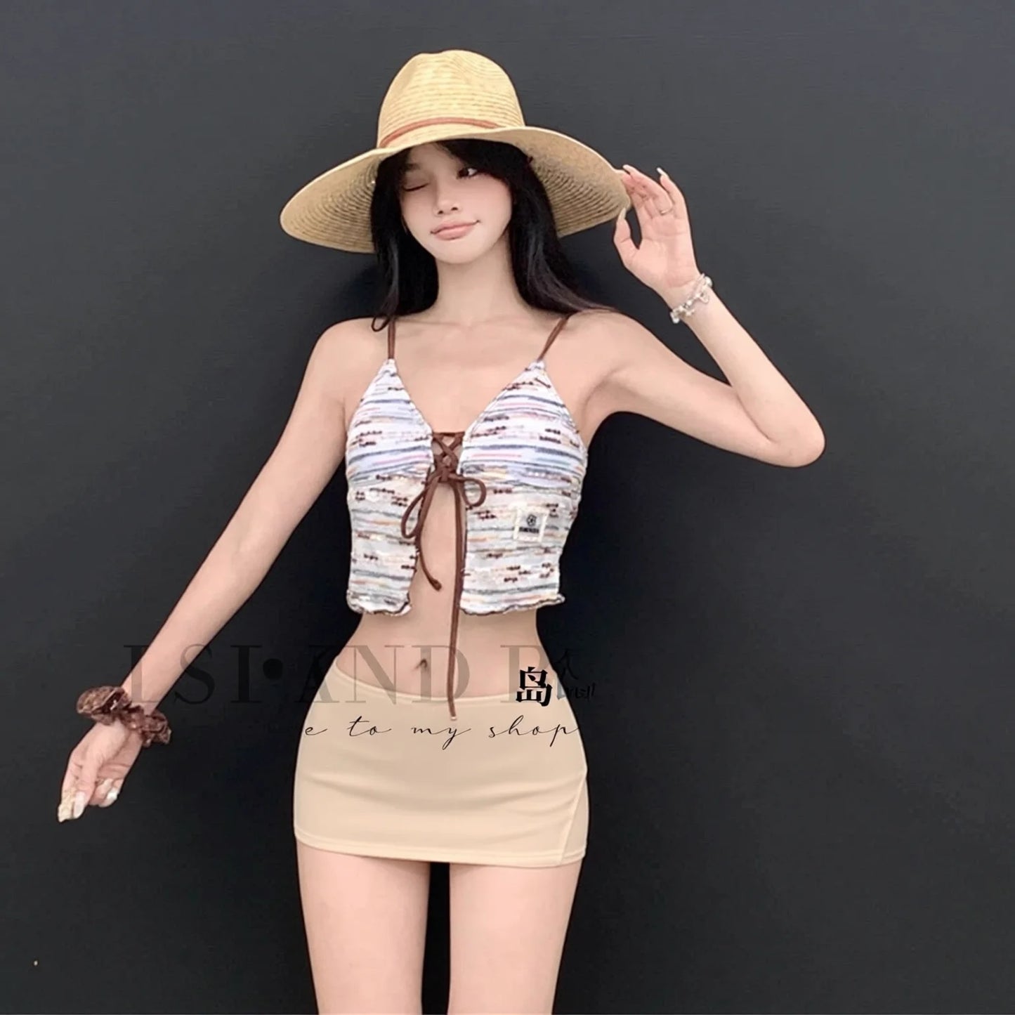 Two-Piece Separates Mini Skirt Set with Bow Tie Detail, Beige Print