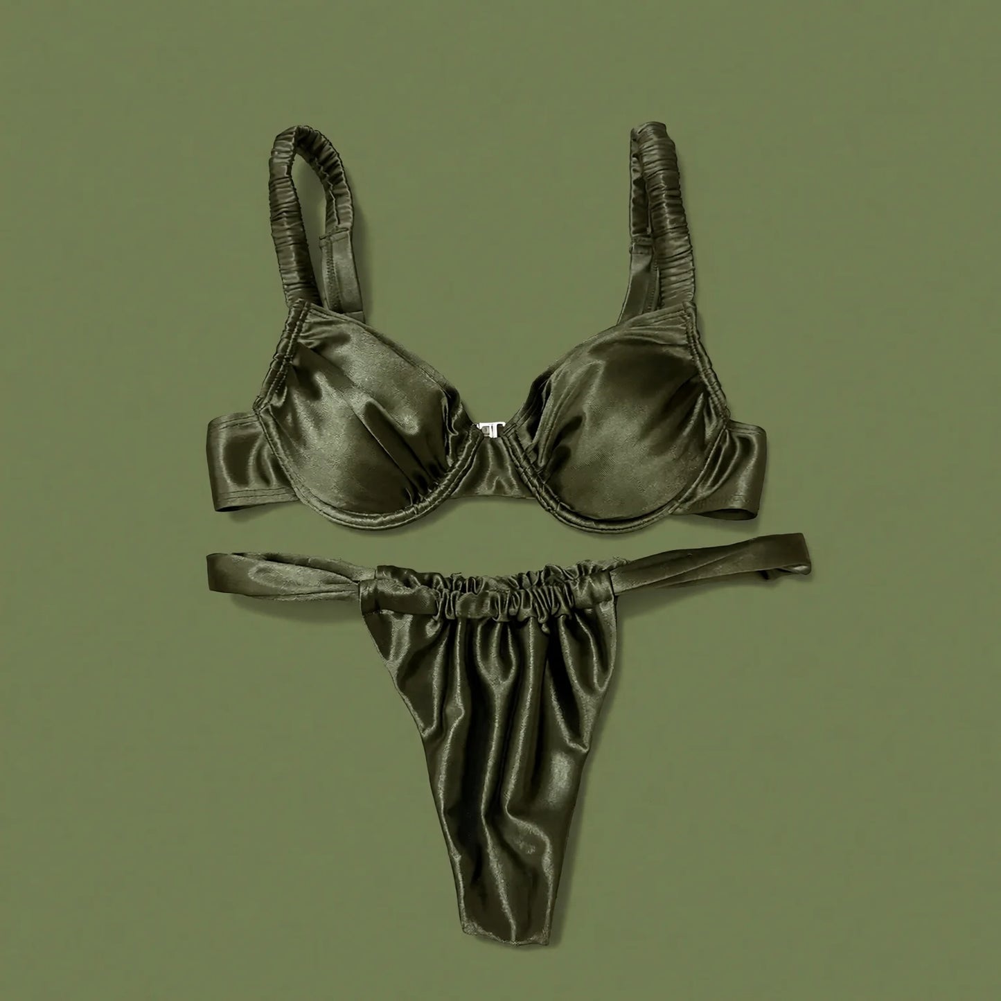 Olive Green Satin Halterneck Bikini with Ties and Plunge Bra