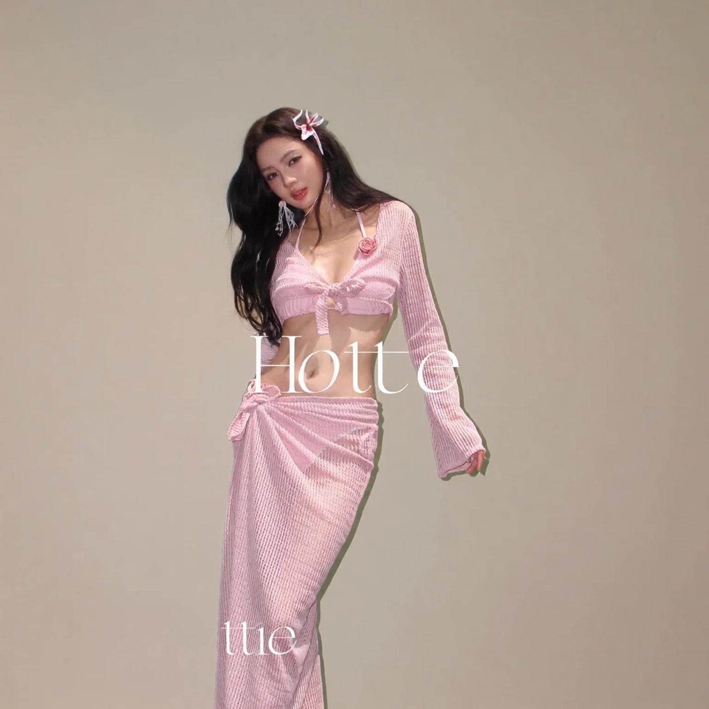 Pure Desire Knitted 4 Piece Swimsuit Set Pink Long Sleeve Cover Up Beach Resort Cover Up