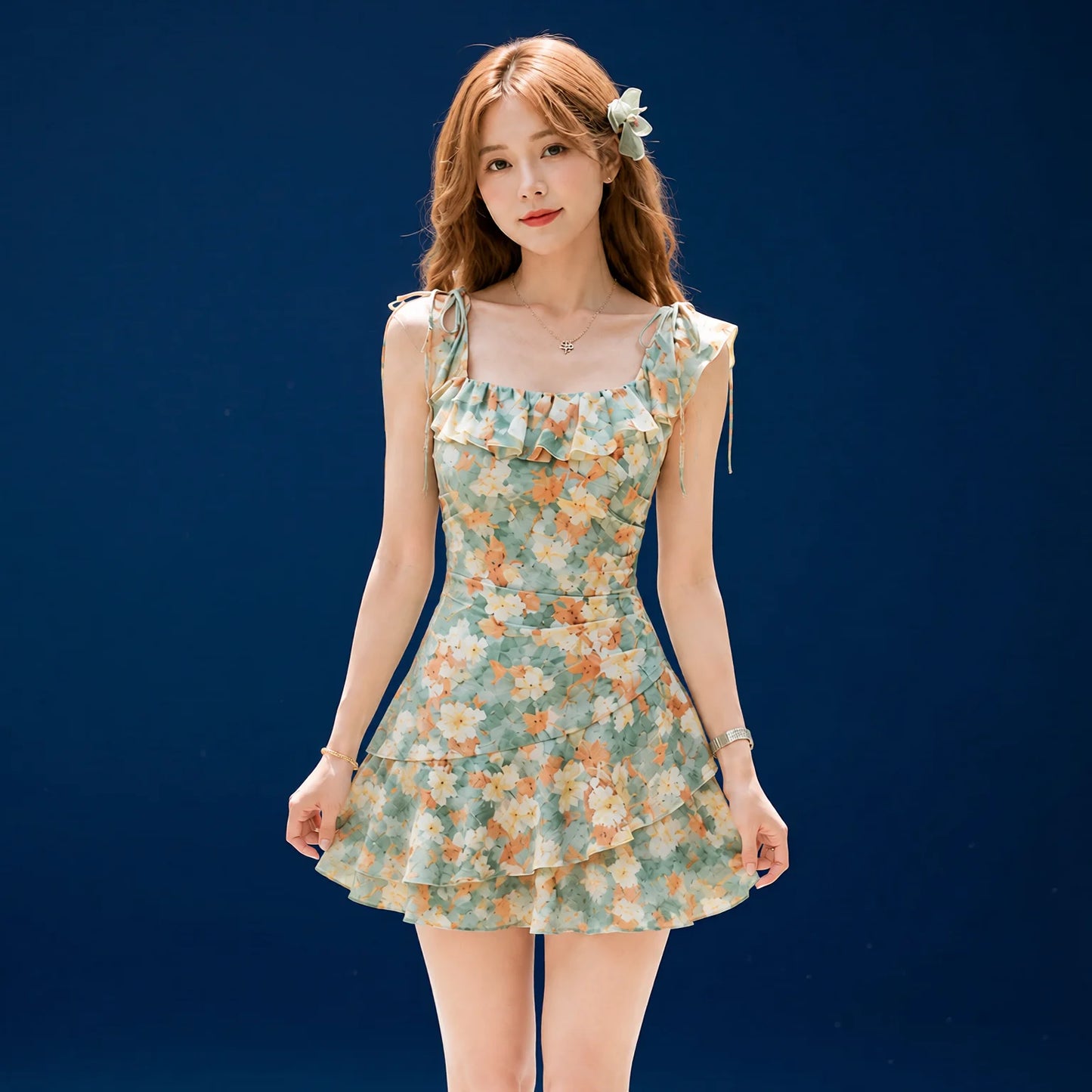 Floral One Piece Swimsuit with Ruffle Trim & Multi-Layer Skirt