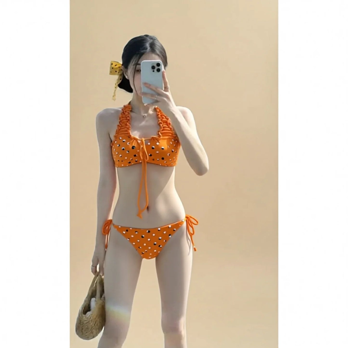 Conservative Dot Halter Bikini Set - Orange
