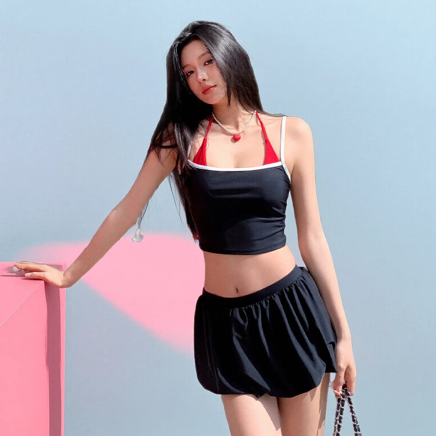 Crisscross Contrast Skirt Bikini Set - Black Camisole Top & Pleated Mini Skirt