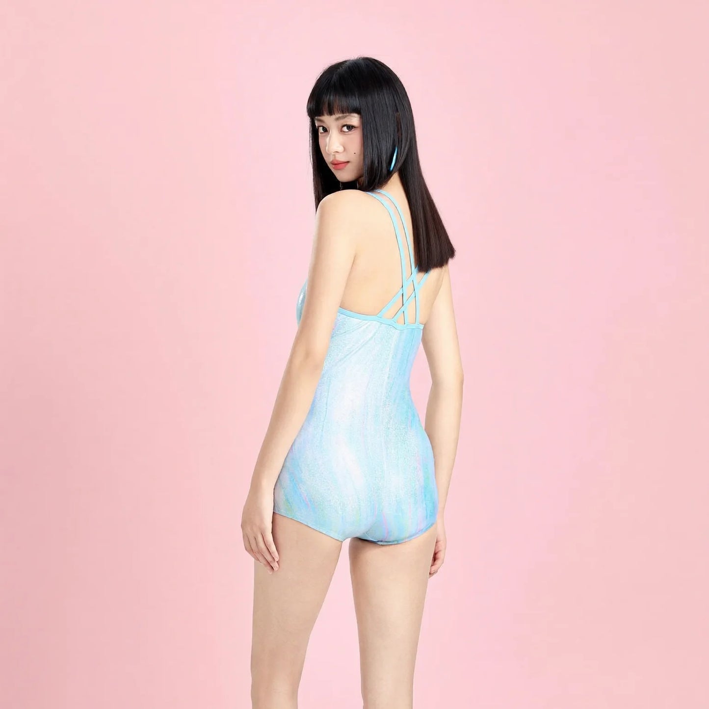 Iced Blue One-Piece Swimsuit: Conservative Flat-Front Training Swimwear