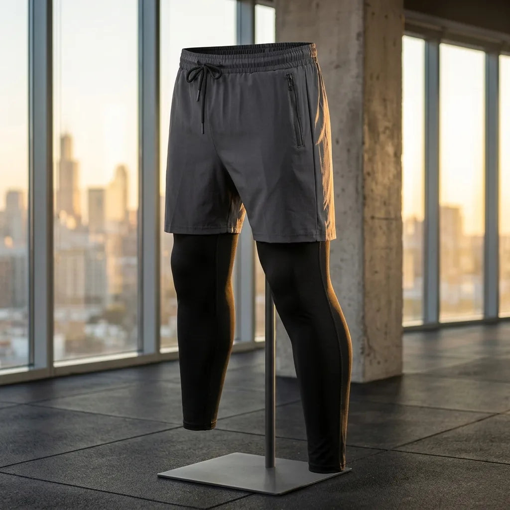 Men's Polyester Fake Two-Piece Compression Running Shorts