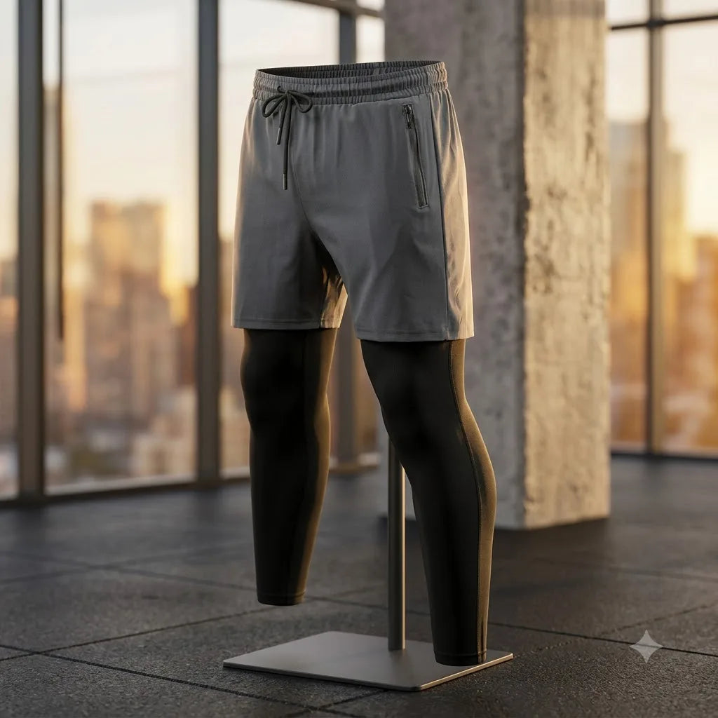 Men's Polyester Fake Two-Piece Compression Running Shorts