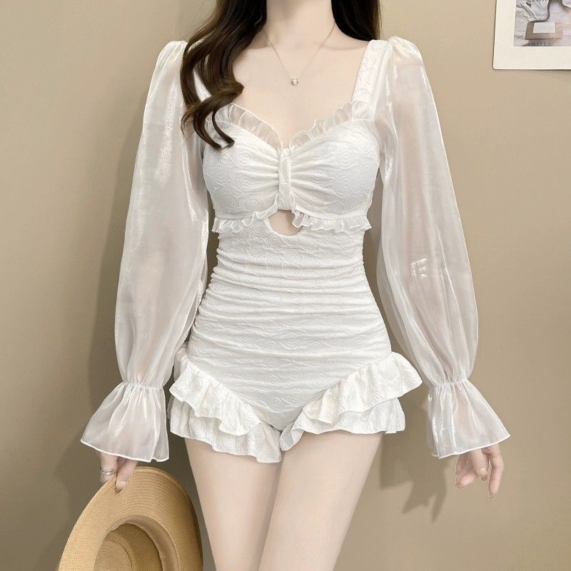 White Long-Sleeve Sheer Cover-Up One-Piece Swimwear