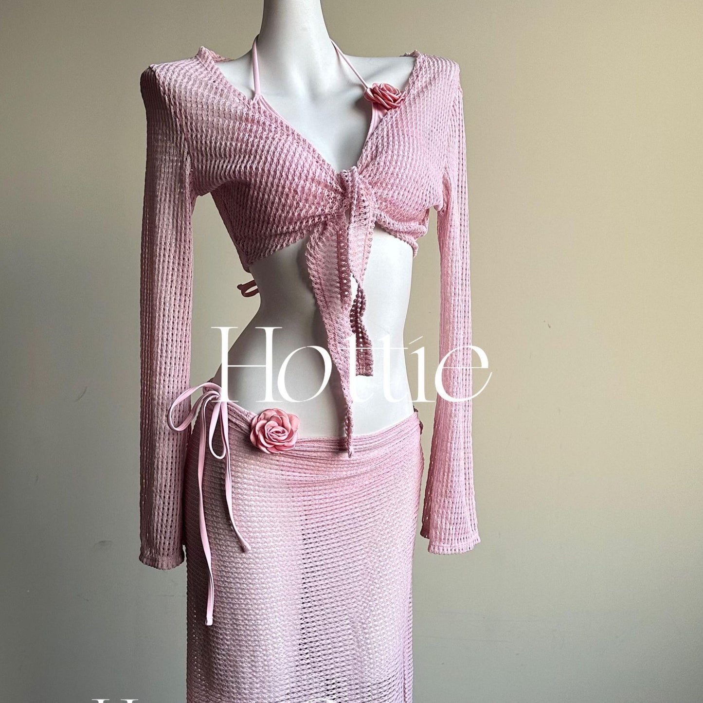 Pure Desire Knitted 4 Piece Swimsuit Set Pink Long Sleeve Cover Up Beach Resort Cover Up