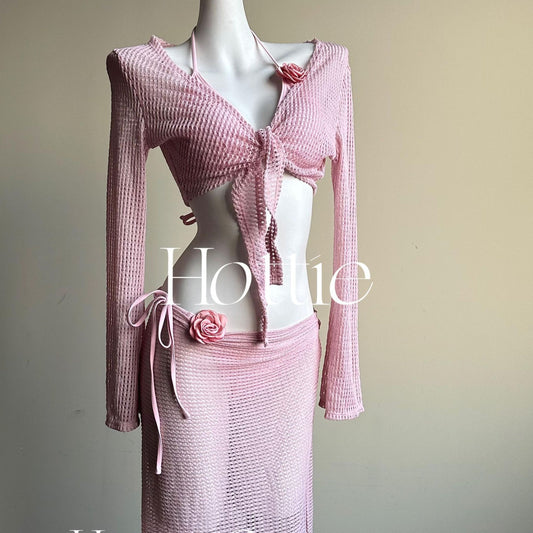 Pure Desire Knitted 4 Piece Swimsuit Set Pink Long Sleeve Cover Up Beach Resort Cover Up