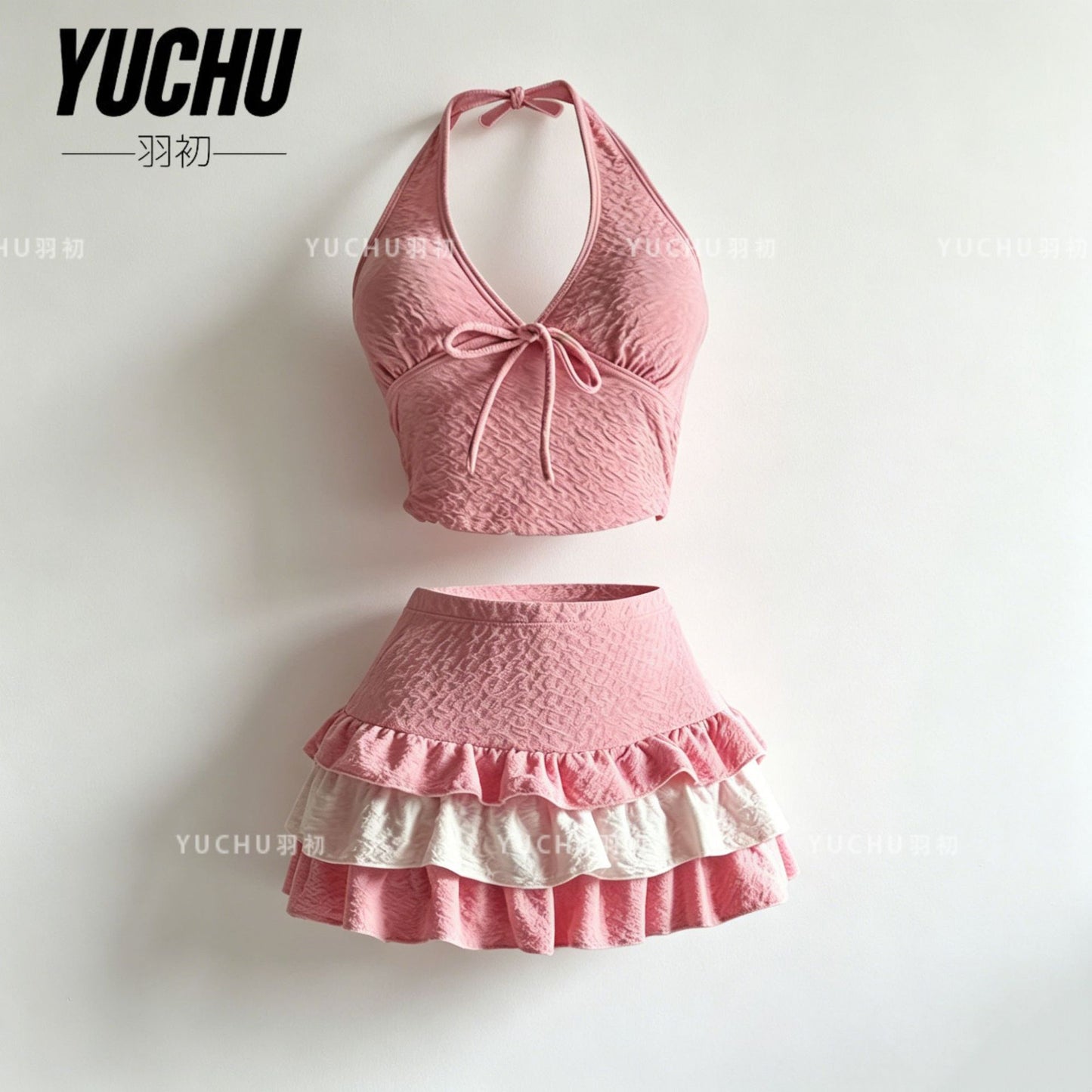 Pink Halter Neck Two-Piece Bikini with Ruffle Egg-Cake Skirt and Slimming Belly Coverage