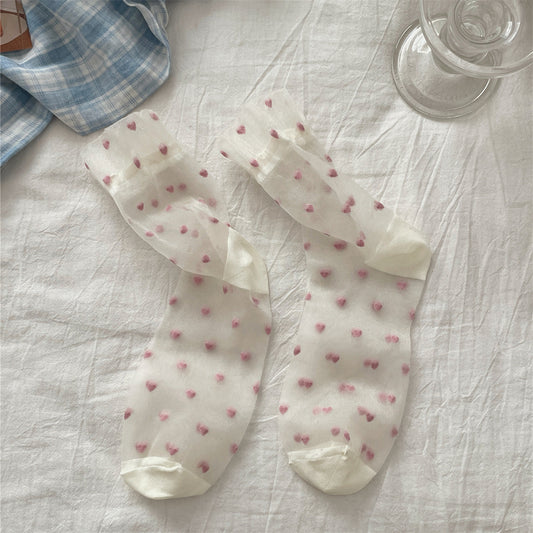 Sheer Heart Pattern Socks for Women - Cute Japanese Style Mid Calf Sheer Socks