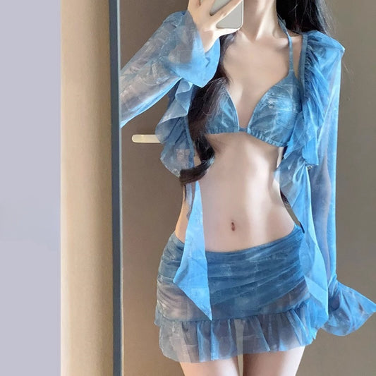 Sexy Pure Desire Sheer Long Sleeve Cover-Up 4-Piece Swim Set