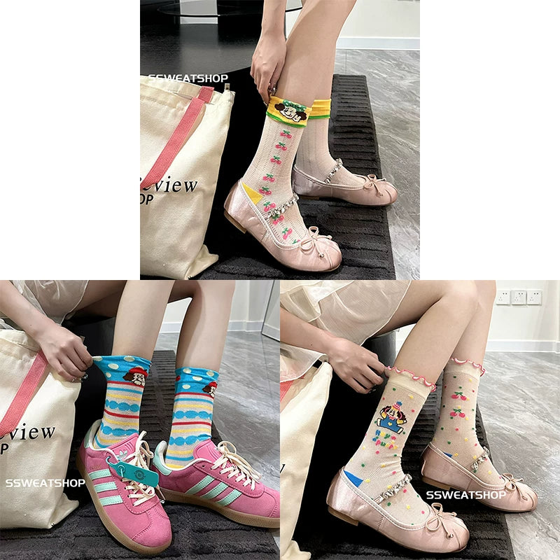 Sheer Lace Cute Dog Pattern Mid Calf Socks for Women - Breathable Thin Fashion