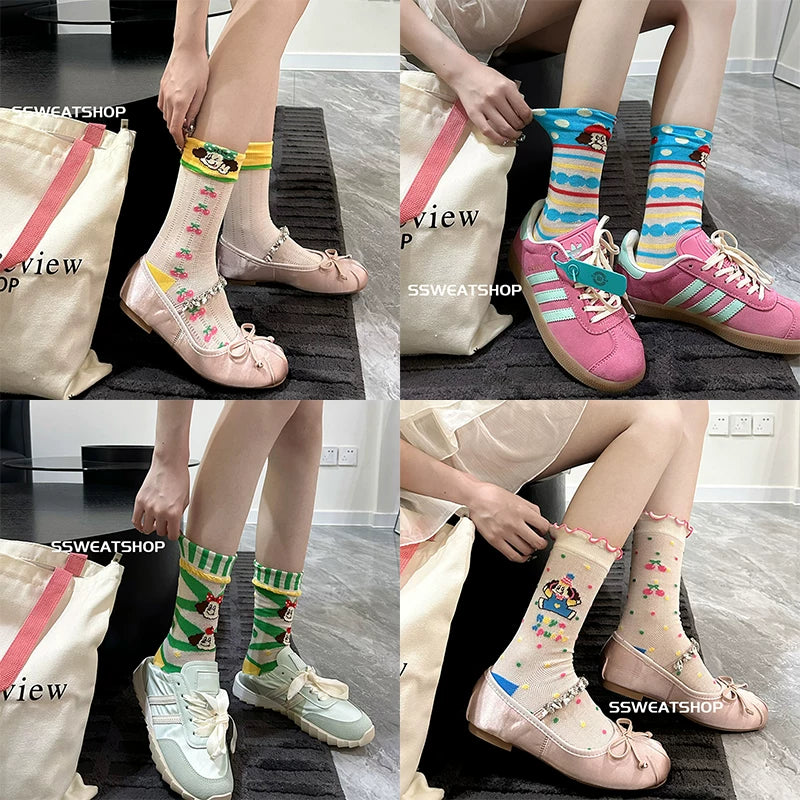 Sheer Lace Cute Dog Pattern Mid Calf Socks for Women - Breathable Thin Fashion
