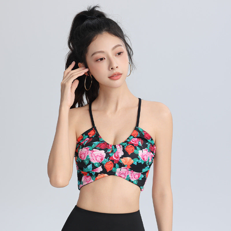 Trendy Floral Sports Bra with Cross Back