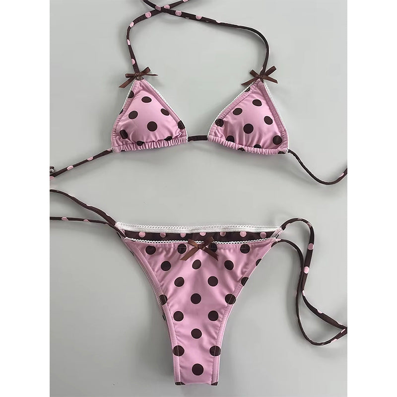 Polka Dot Triangle Bikini Set - Adjustable Tie Halter Swimwear
