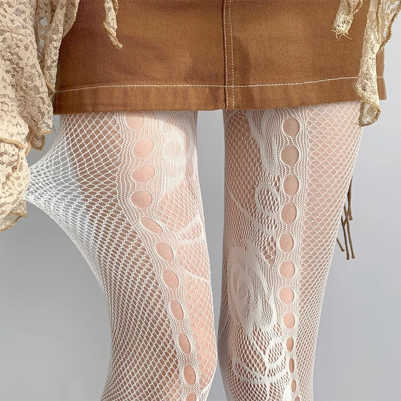 Ripped Lace Fishnet Tights Cutout Stockings Y2K Punk Style