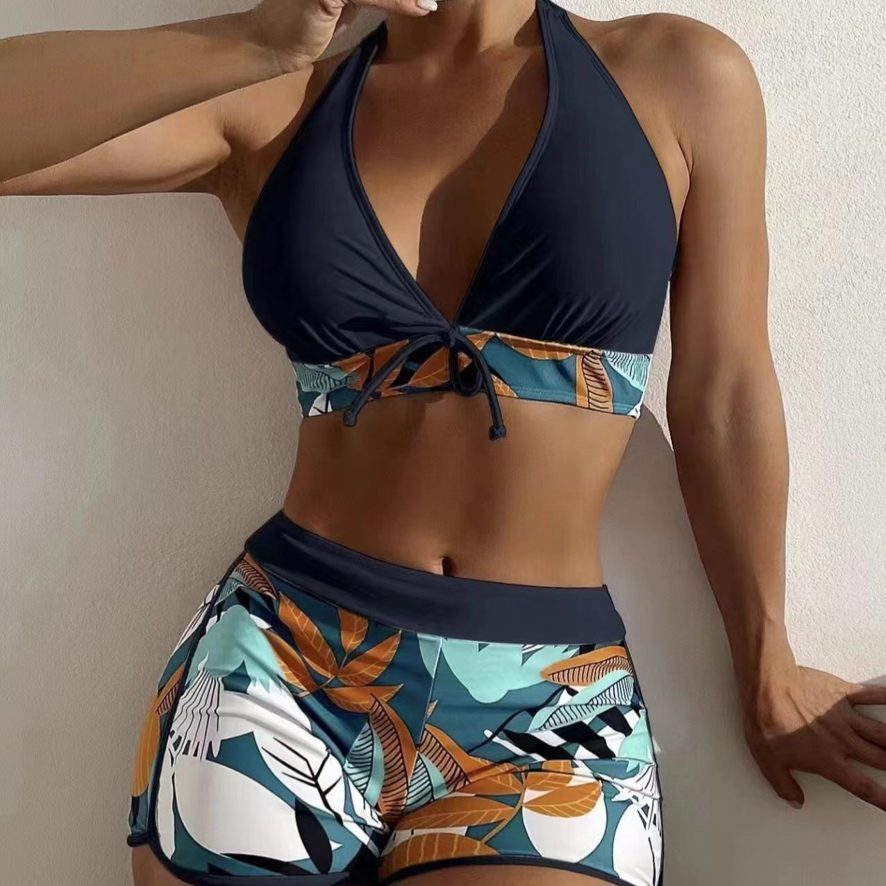 High-Waisted Tie-Band Bikini with Leaf Print