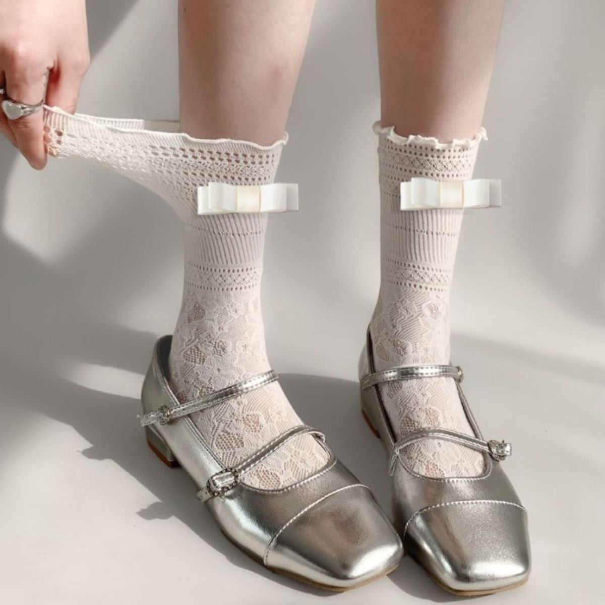 Lace Bow Mid-Calf Socks for Women - Cute Butterfly Frill Knee High Socks
