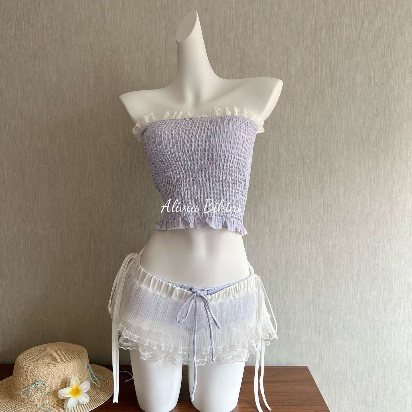 Lace Floral Sweet Bikini Set, Sheer White Matching Shorts, Vacation Swimwear