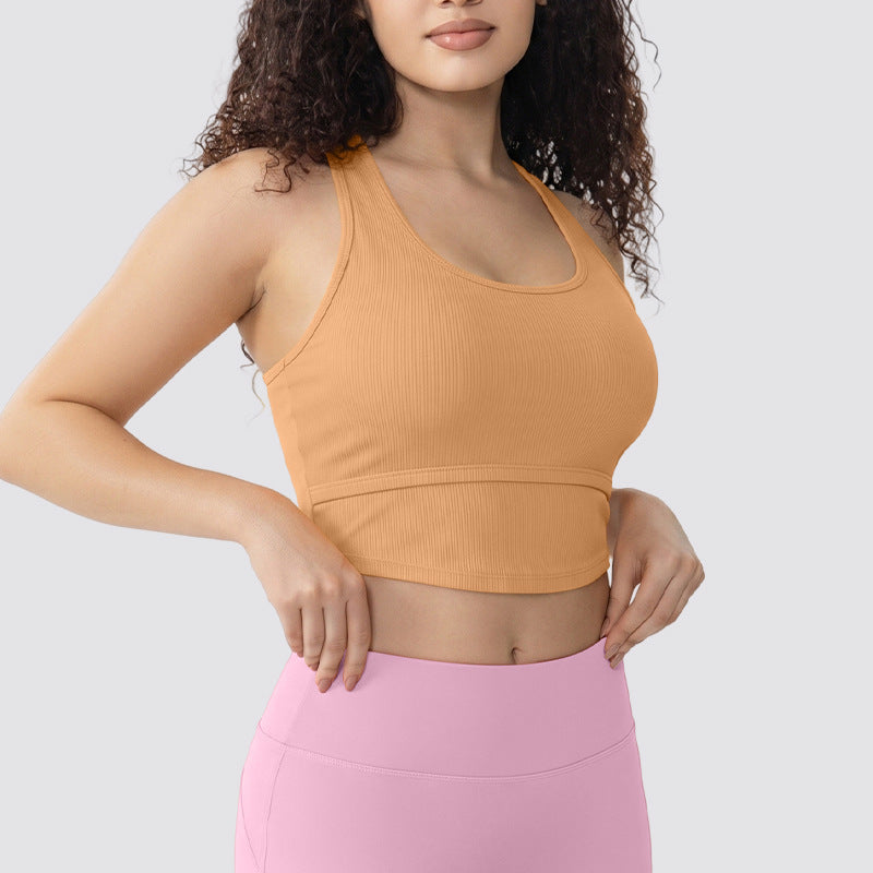 Ribbed Sport Tank Top - Arc Hem Camisole Yoga Bra with Chest Pad