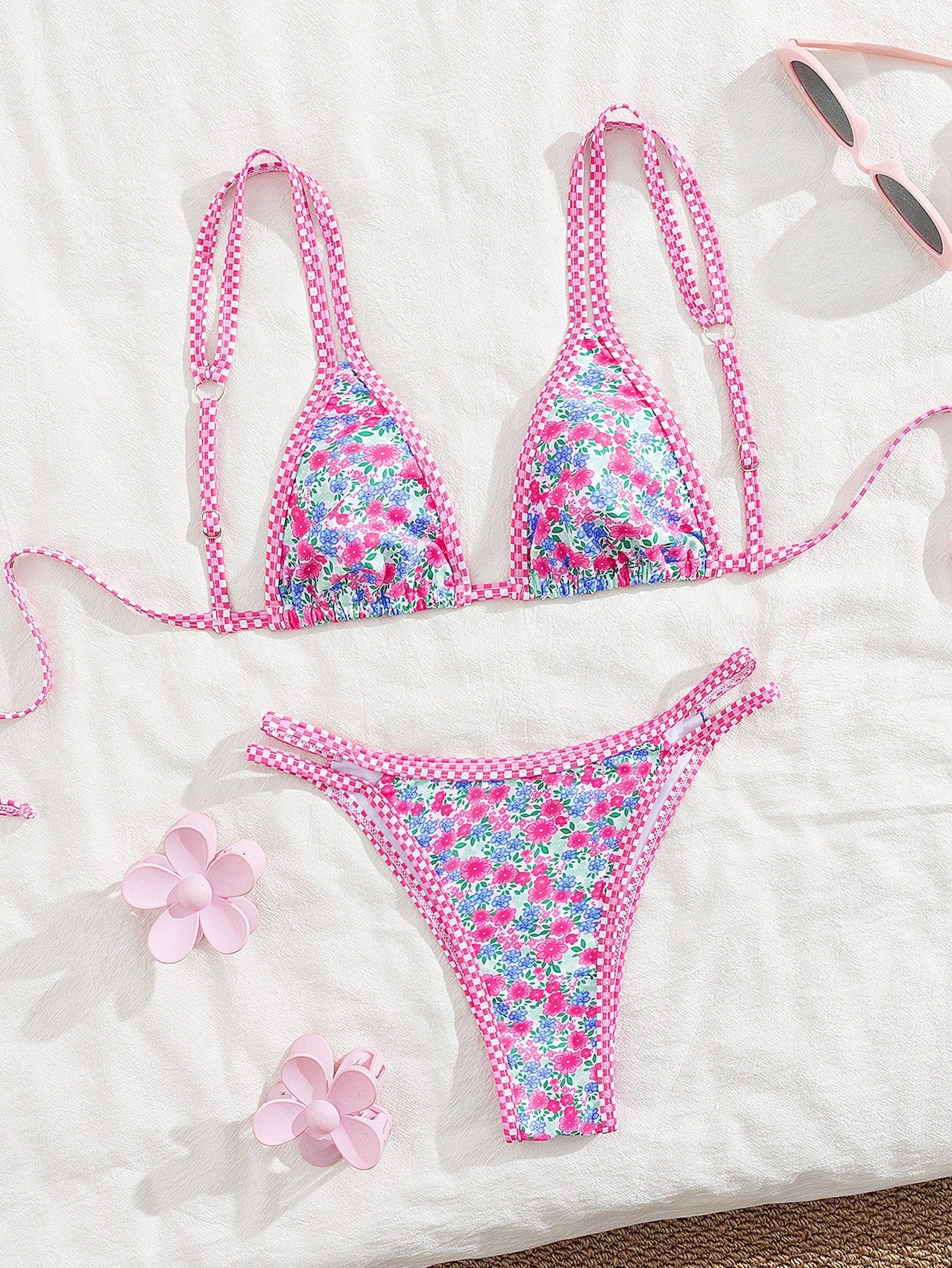 Summer Tie-Band Floral Bikini Set, Ruched Triangle Bikini with Straps