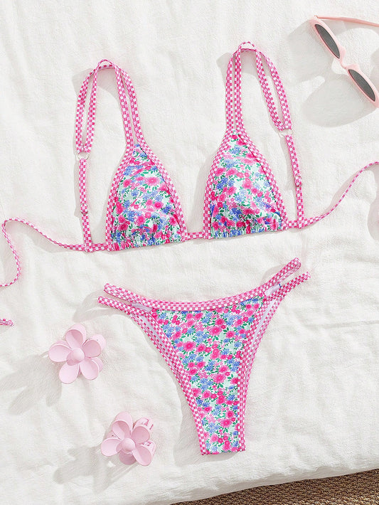 Summer Tie-Band Floral Bikini Set, Ruched Triangle Bikini with Straps
