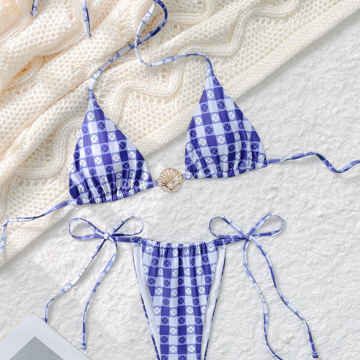 Sexy Plunging Plaid Halter Bikini with High-Leg Cut