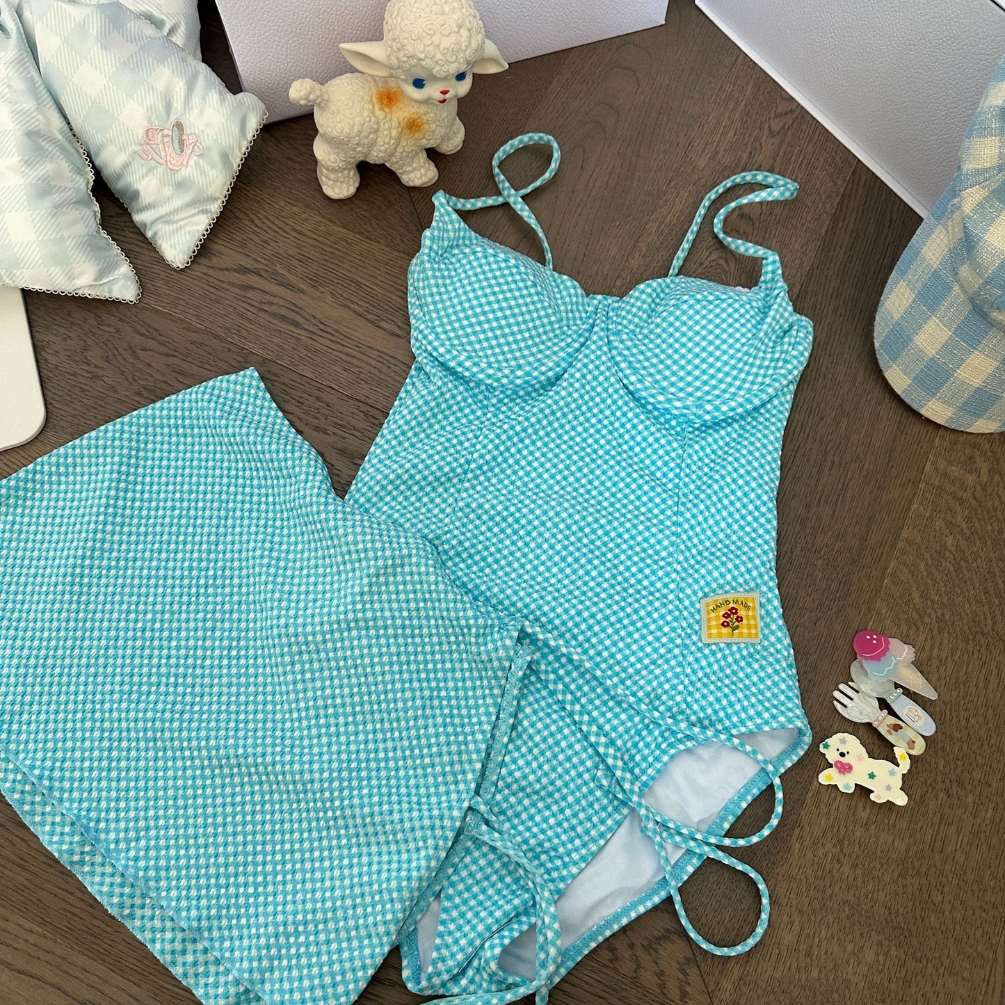 Grid two-piece hot spring one-piece swimsuit steel support ruched slim conservative skirt style