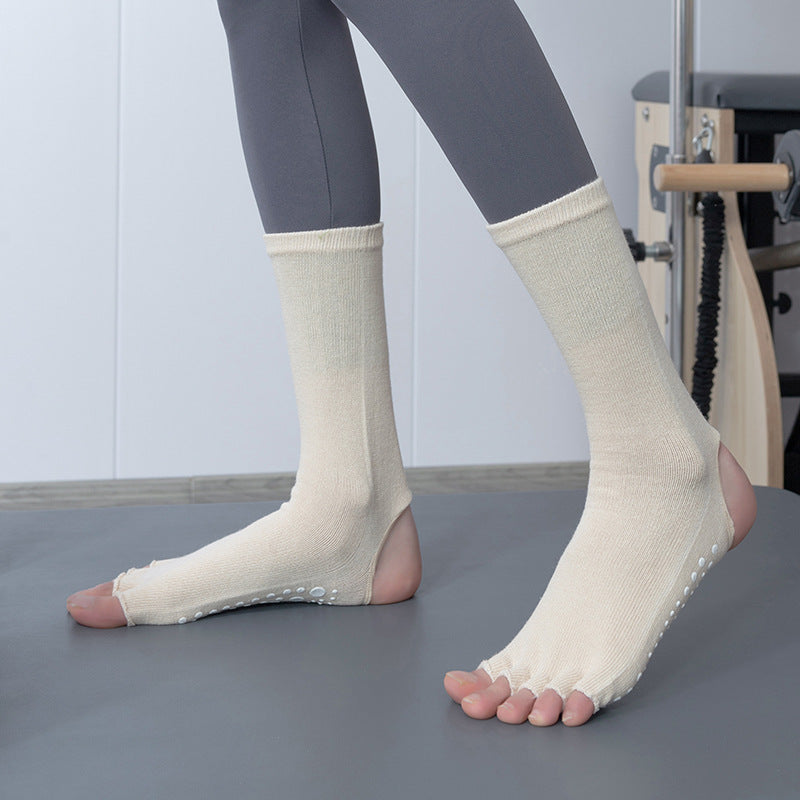 Non-Slip Open Toe Yoga Socks with Heel Cutout, Breathable Cotton Grip Pilates Socks