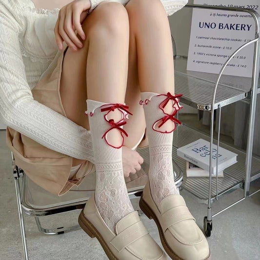 Lace Bow Mid-Calf Socks for Women - Cute Butterfly Frill Knee High Socks
