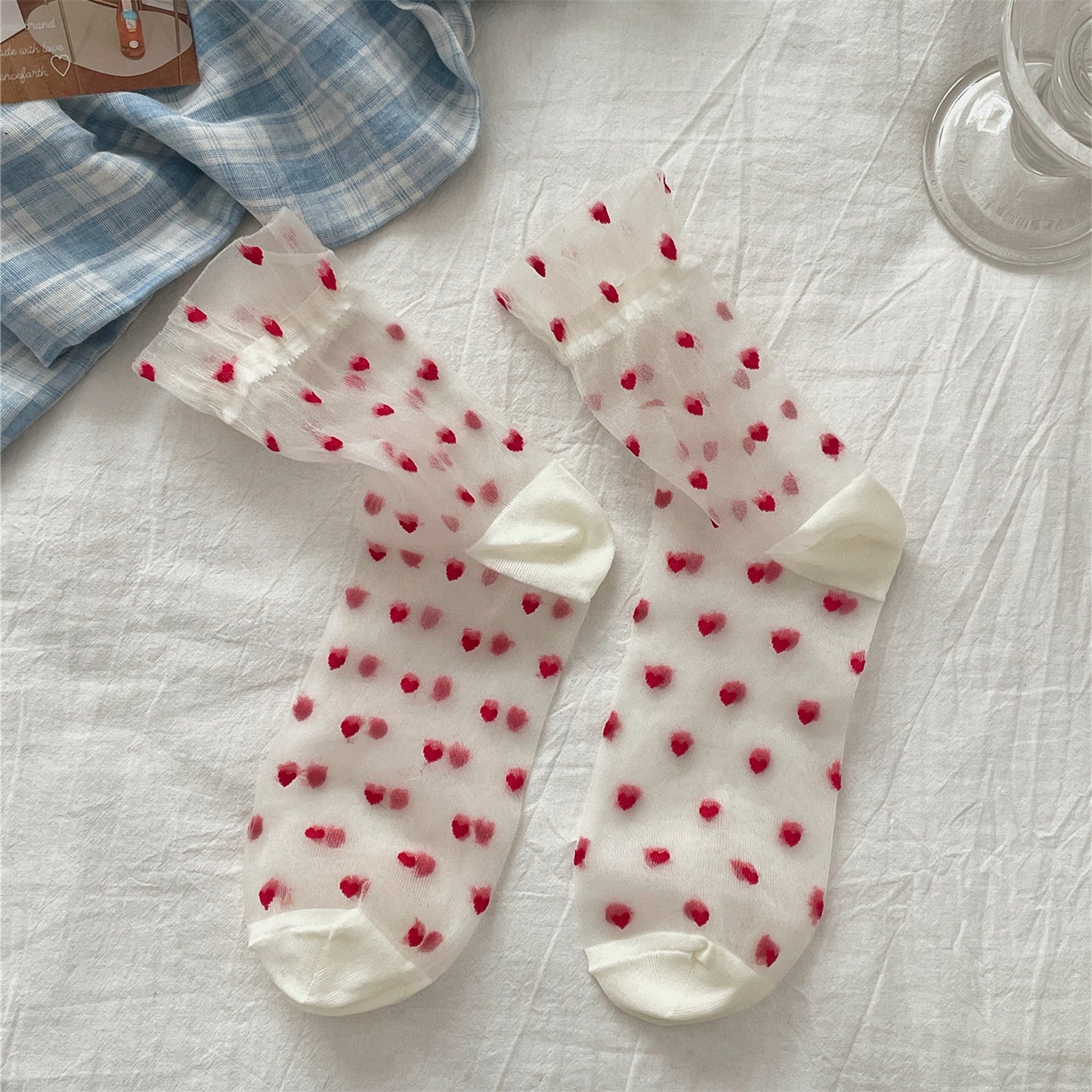 Sheer Heart Pattern Socks for Women - Cute Japanese Style Mid Calf Sheer Socks