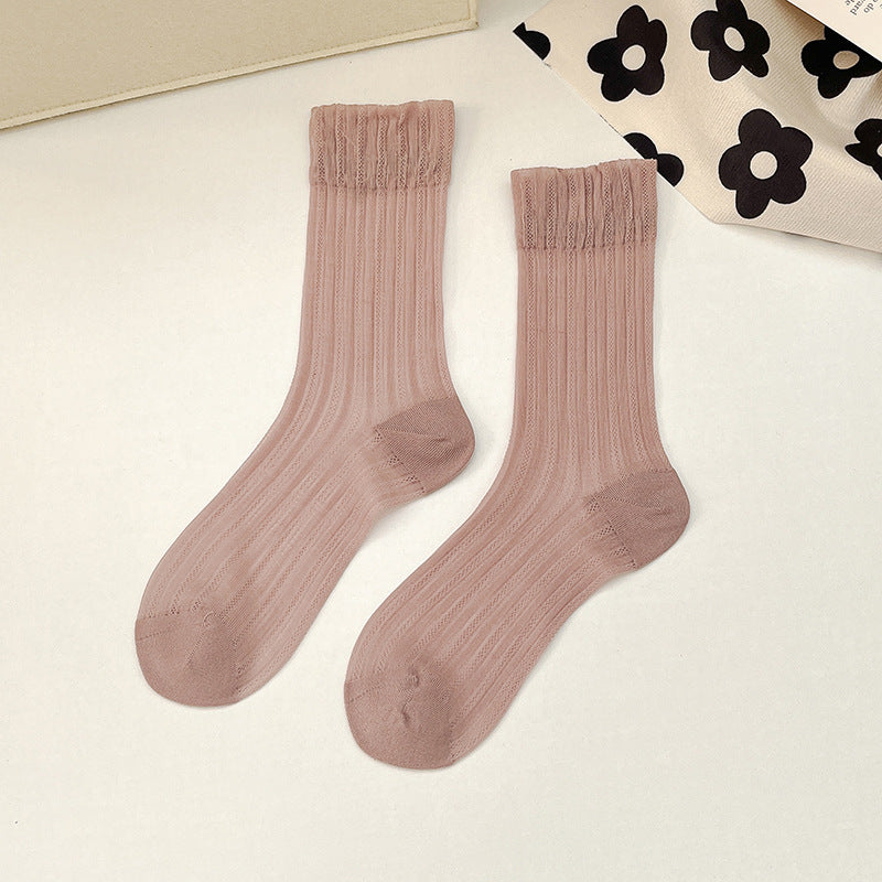 Breathable Mid Calf Sheer Socks for Women - Summer Thin Ribbed Crew Socks